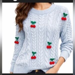 Light Blue Cherry Cable Knit Sweater
